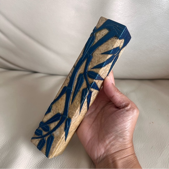 Vintage Carved Marble Asian Bamboo Motif Jewelry Trinket Box - Picture 9 of 15